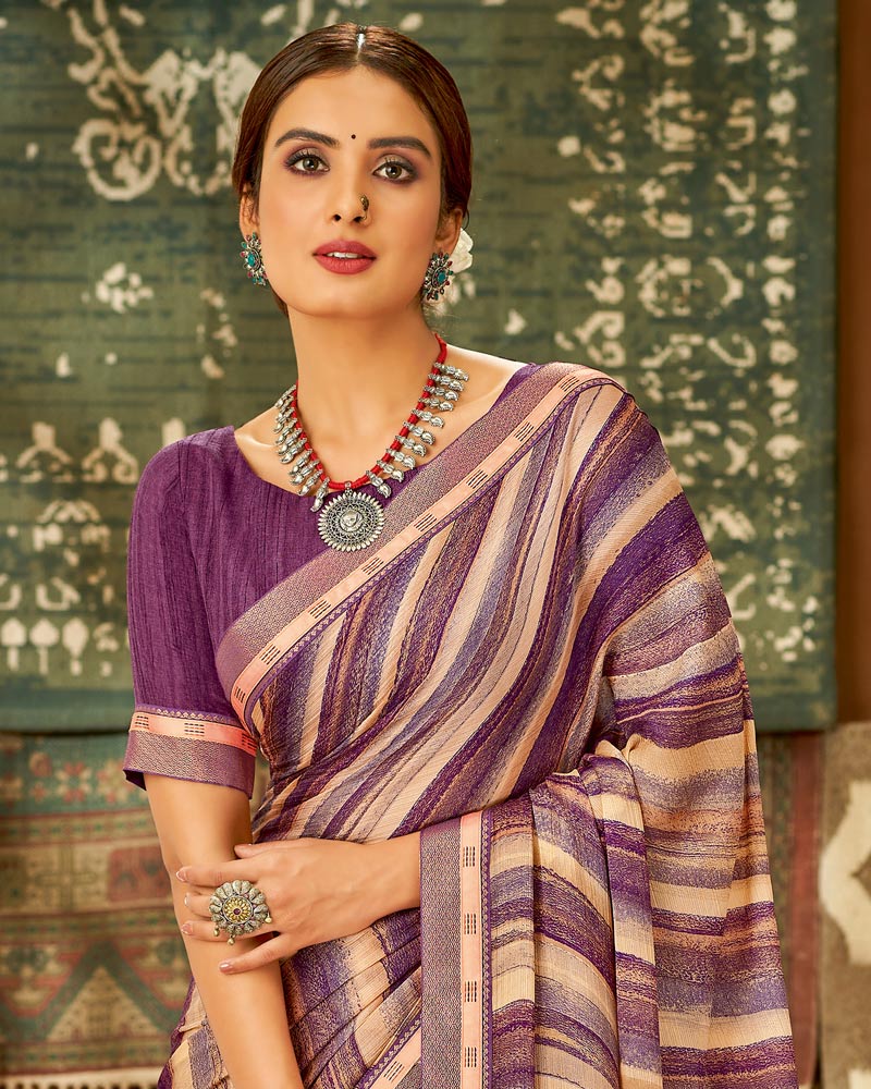 Vishal Prints Purple Printed Chiffon Saree With Fancy Lace Border