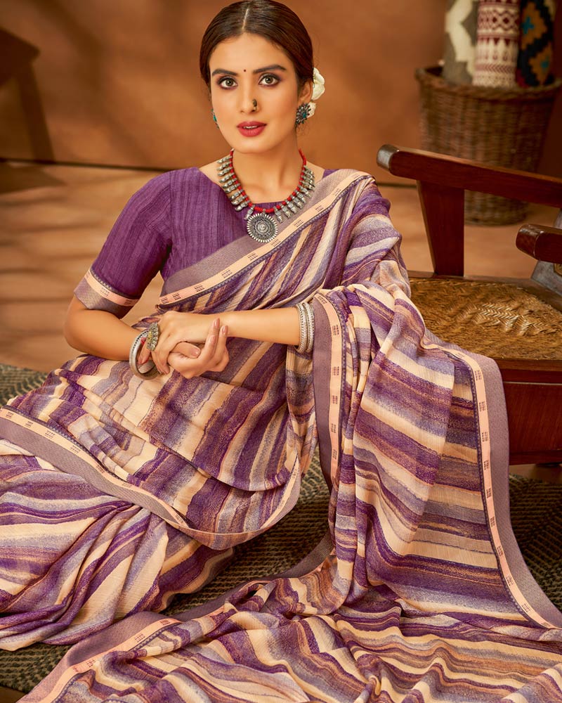 Vishal Prints Purple Printed Chiffon Saree With Fancy Lace Border