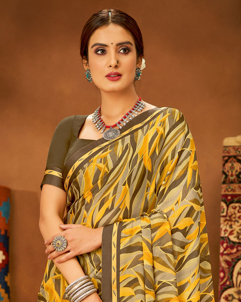 Vishal Prints Yellow Printed Chiffon Saree With Fancy Lace Border