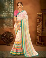 Vishal Prints Cream Printed Chiffon Saree With Fancy Lace Border