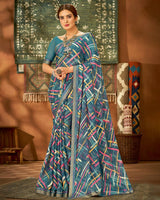 Vishal Prints Dark Grey Printed Chiffon Saree With Fancy Lace Border