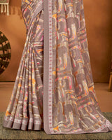 Vishal Prints Light Mauve Printed Chiffon Saree With Fancy Lace Border