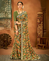 Vishal Prints Mehandi Printed Chiffon Saree With Fancy Lace Border