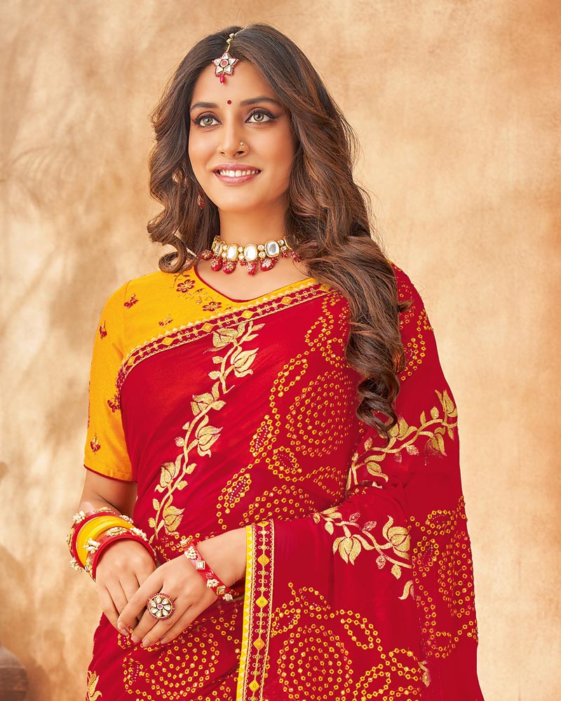Vishal Prints Red Bandhani Print Georgette Saree With Embroidery Work And Border