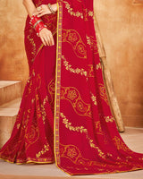 Vishal Prints Venetian Red Bandhani Print Georgette Saree With Embroidery Work And Border