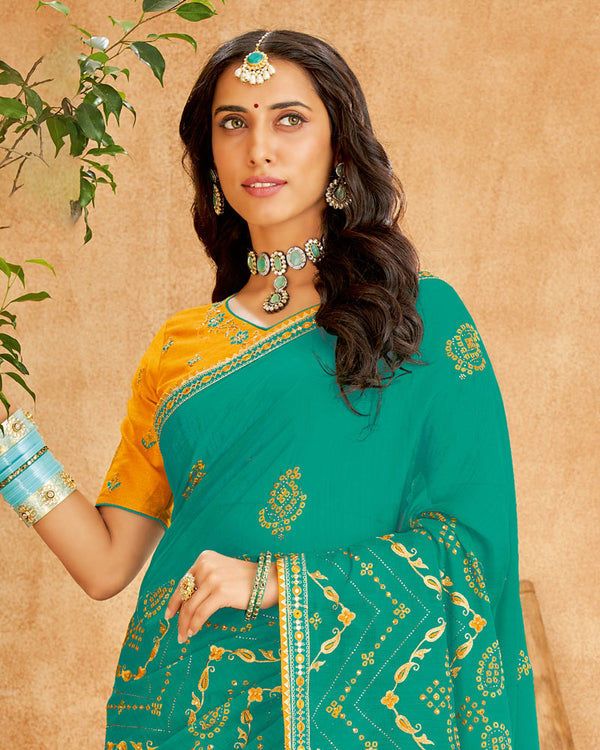Vishal Prints Turquoise Bandhani Print Georgette Saree With Embroidery Work And Border