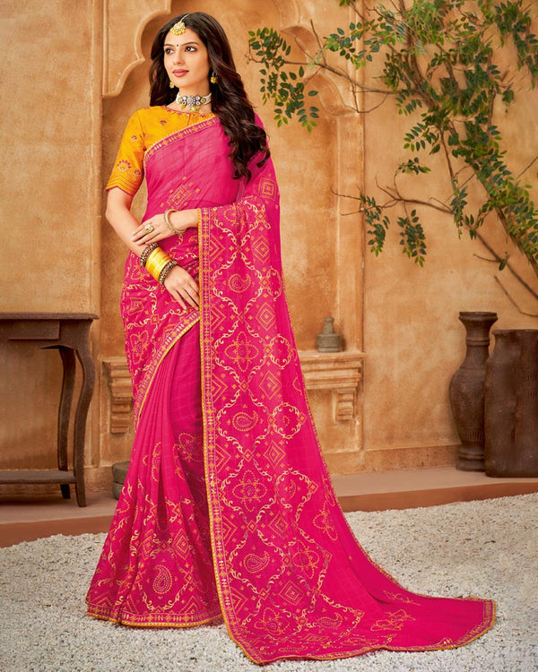 Vishal Prints Dark Pink Bandhani Print Georgette Saree With Embroidery Work And Border