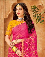 Vishal Prints Dark Pink Bandhani Print Georgette Saree With Embroidery Work And Border