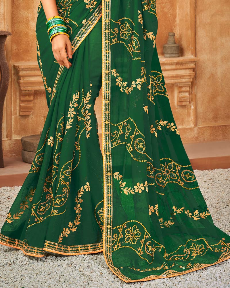 Vishal Prints Dark Green Bandhani Print Georgette Saree With Embroidery Work And Border