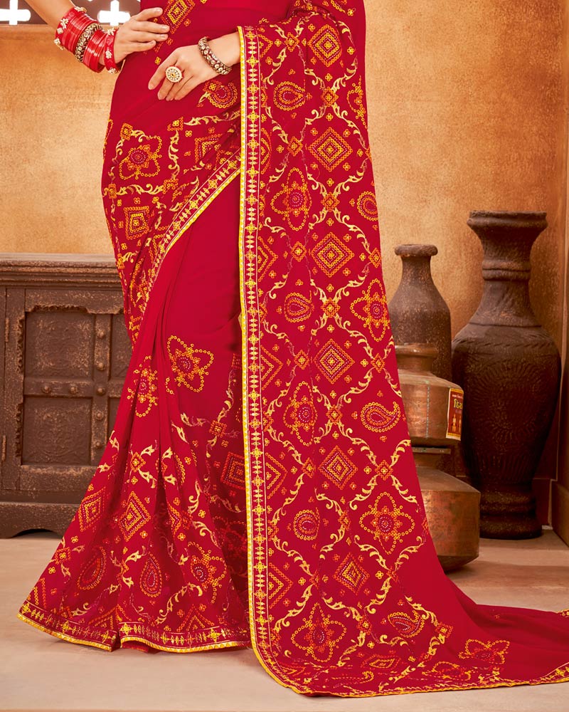 Vishal Prints Rose Red Bandhani Print Georgette Saree With Embroidery Work And Border