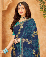 Vishal Prints Dark Blue Bandhani Print Georgette Saree With Embroidery Work And Border