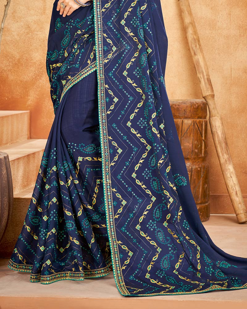 Vishal Prints Blue Bandhani Print Georgette Saree With Embroidery Work And Border