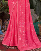 Vishal Prints Red Pink Designer Chiffon Saree With Embroidery And Diamond Work