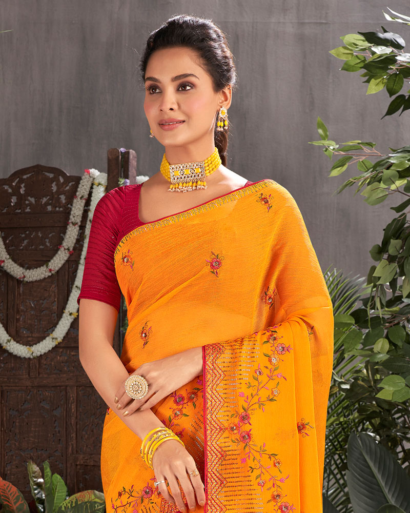 Vishal Prints Saffron Color Designer Chiffon Saree With Embroidery And Diamond Work
