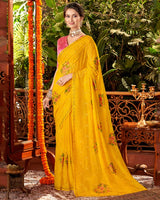 Vishal Prints Dark Yellow Designer Chiffon Saree With Embroidery Diamond Work And Core Piping
