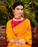 Vishal Prints Yellowish Orange Designer Chiffon Saree With Embroidery Diamond Work And Core Piping