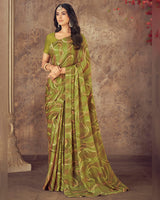 Vishal Prints Olive Green Printed Fancy Chiffon Saree With Core Piping