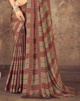 Vishal Prints Dark Red Printed Fancy Chiffon Saree With Core Piping