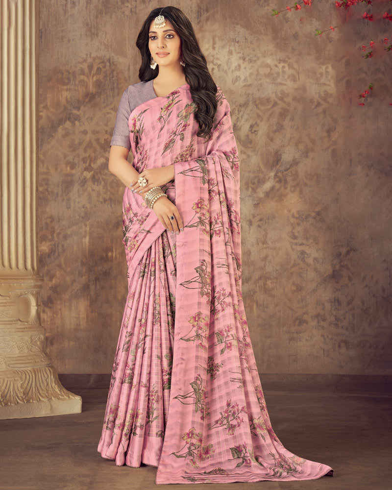 Vishal Prints Rose Pink Printed Fancy Chiffon Saree With Core Piping