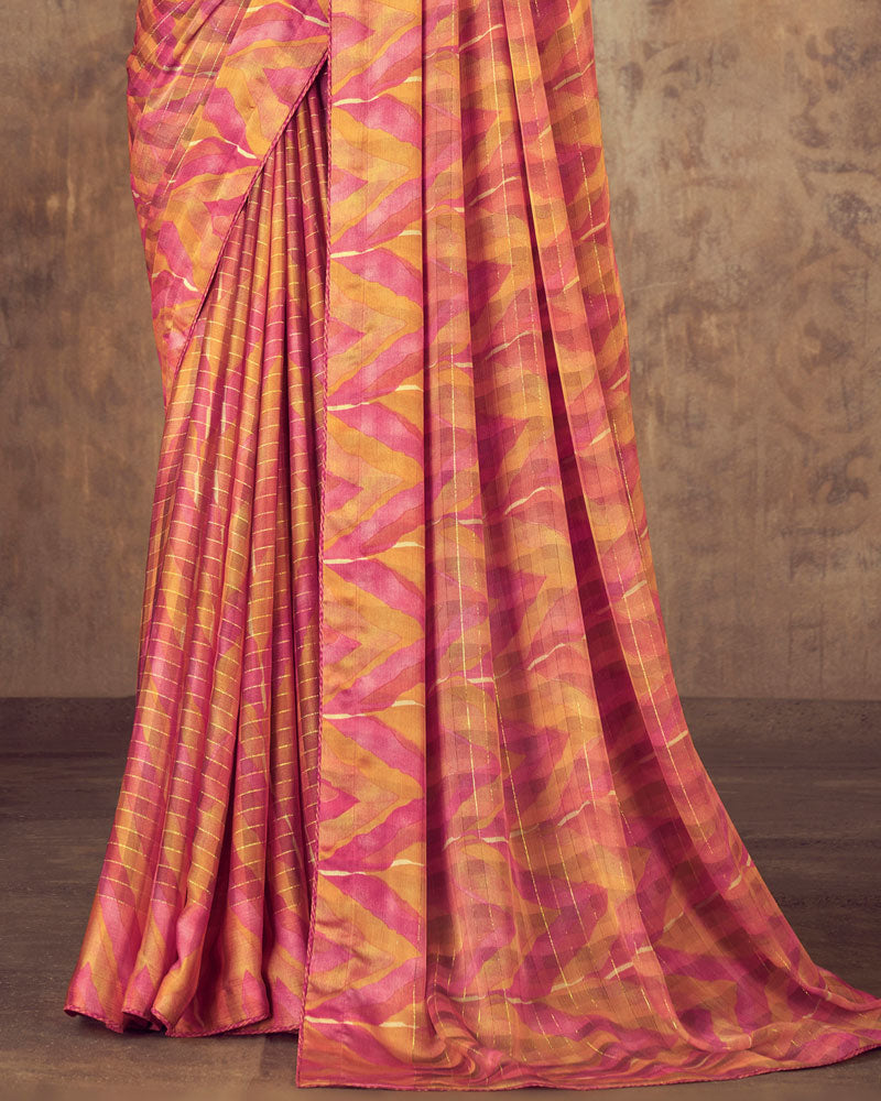 Vishal Prints Red Pink Printed Fancy Chiffon Saree With Core Piping