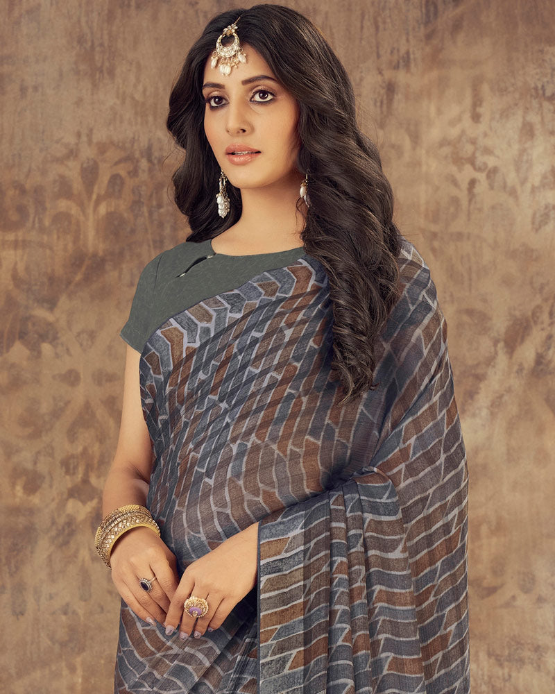 Vishal Prints Grey Printed Fancy Chiffon Saree With Core Piping
