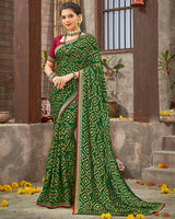 Vishal Prints Dark Green Brasso Saree With Foil Print And Zari Border