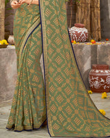 Vishal Prints Green Brasso Saree With Foil Print And Zari Border