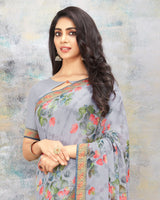 Vishal Prints Grey Printed Brasso Saree With Fancy Lace Border