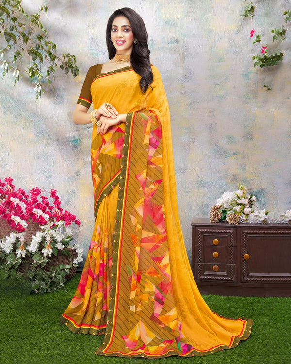 Vishal Prints Mustard And Printed Brasso Saree With Fancy Lace Border