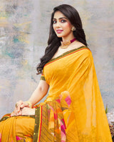 Vishal Prints Mustard And Printed Brasso Saree With Fancy Lace Border