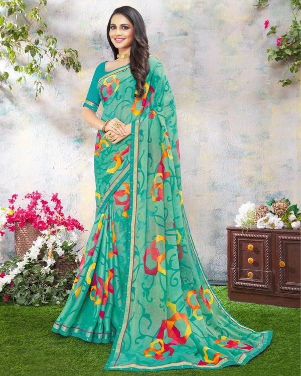 Vishal Prints Teal Printed Brasso Saree With Fancy Lace Border