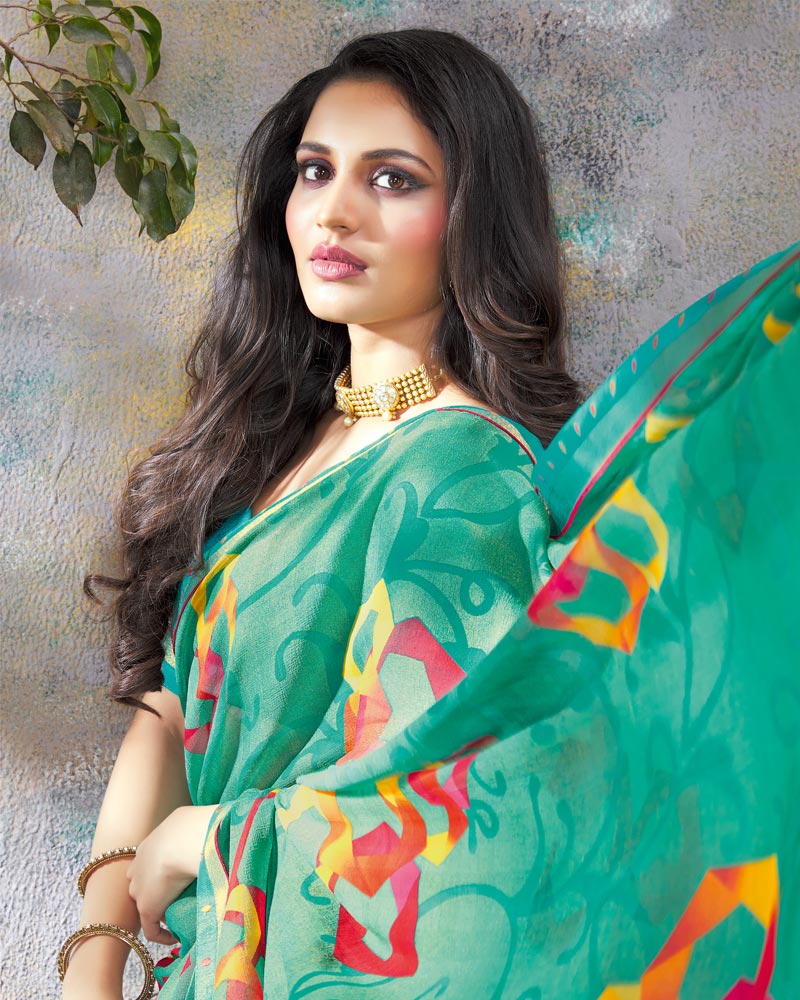 Vishal Prints Teal Printed Brasso Saree With Fancy Lace Border