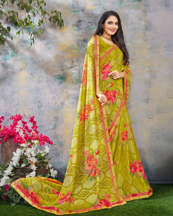 Vishal Prints Olive Green Printed Brasso Saree With Fancy Lace Border