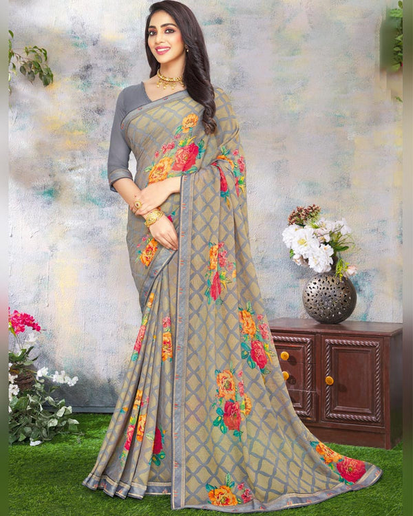 Vishal Prints Beige And Grey Printed Brasso Saree With Fancy Lace Border