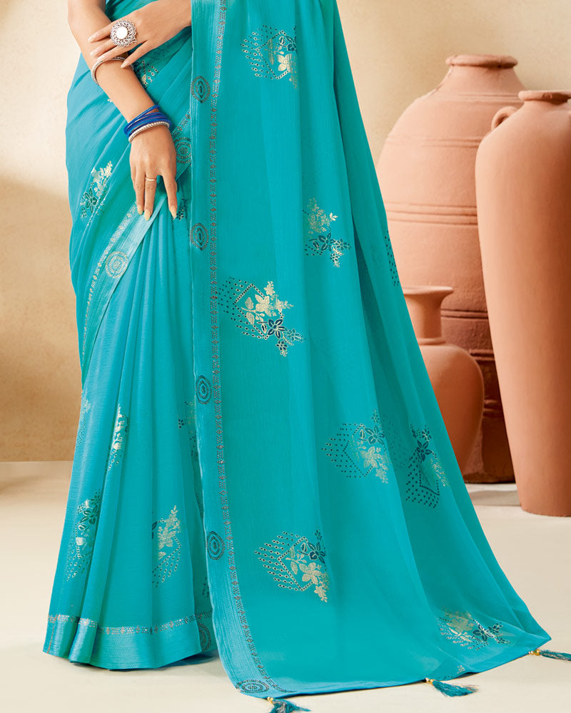 Vishal Prints Dark Turquoise Blue Designer Chiffon Saree With Foil Print And Diamond Work