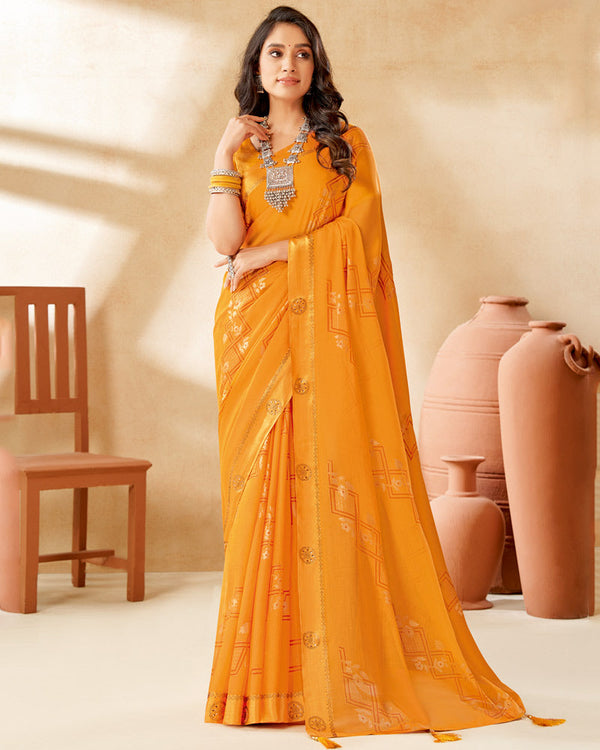 Vishal Prints Saffron Color Designer Chiffon Saree With Foil Print And Diamond Work
