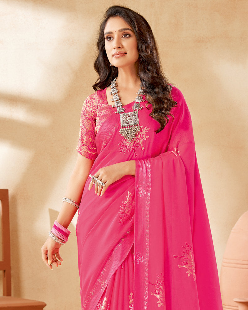 Vishal Prints Hot Pink Designer Chiffon Saree With Foil Print And Diamond Work