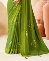Vishal Prints Olive Green Designer Chiffon Saree With Foil Print And Diamond Work