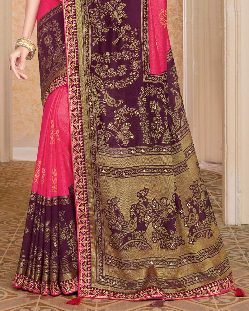 Vishal Prints Dark Pink And Wine Berry Brasso Saree With Foil Print And Embroidery Border