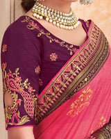 Vishal Prints Dark Pink And Wine Berry Brasso Saree With Foil Print And Embroidery Border