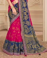 Vishal Prints Dark Fuchsia And Blue Brasso Saree With Foil Print And Embroidery Border