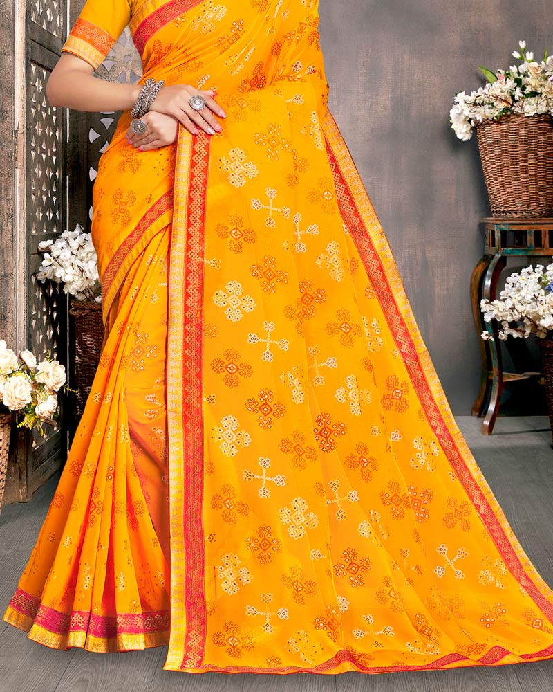 Vishal Prints Yellowish Orange Georgette Saree With Foil Print And Zari Border