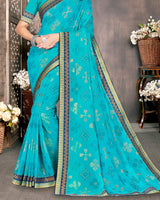 Vishal Prints Dark Turquoise Blue Georgette Saree With Foil Print And Zari Border