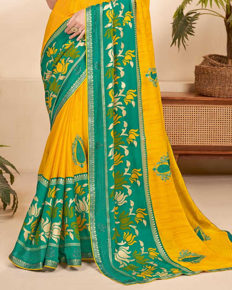 Vishal Prints Dark Yellow Chiffon Saree With Embroidery Work And Fancy Border