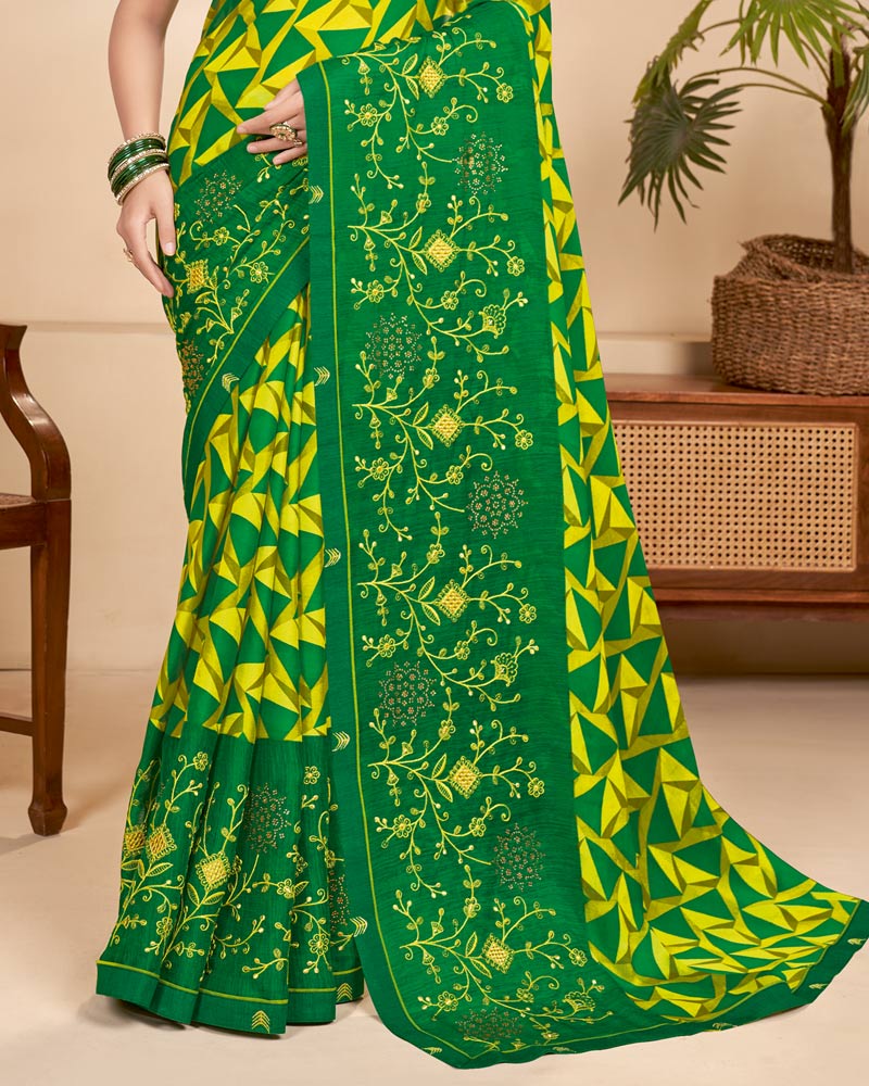 Vishal Prints Dark Green Chiffon Saree With Embroidery Work And Fancy Border