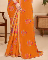 Vishal Prints Orange Chiffon Saree With Embroidery Work And Fancy Border
