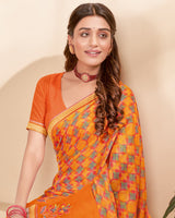 Vishal Prints Orange Chiffon Saree With Embroidery Work And Fancy Border