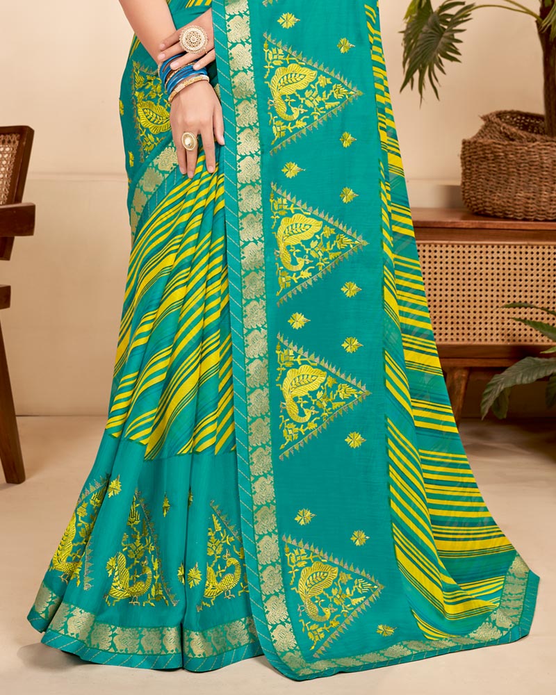 Vishal Prints Dark Turquoise Blue Chiffon Saree With Embroidery Work And Fancy Border