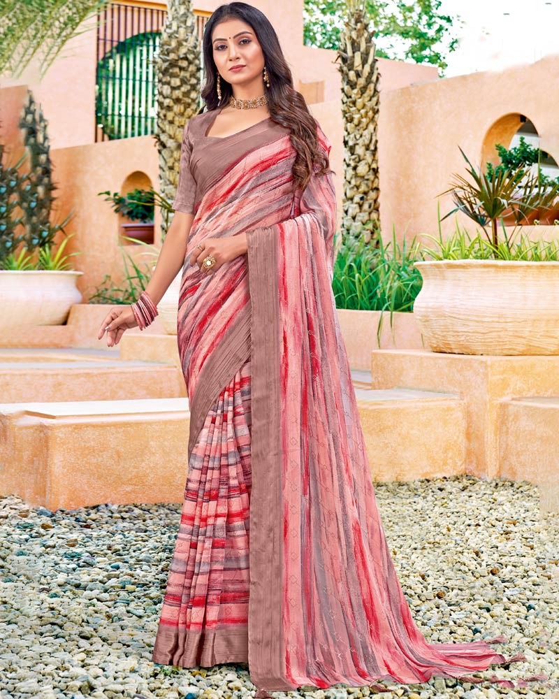 Vishal Prints Rose Pink Digital Print Chiffon Saree With Foil Print And Tassel