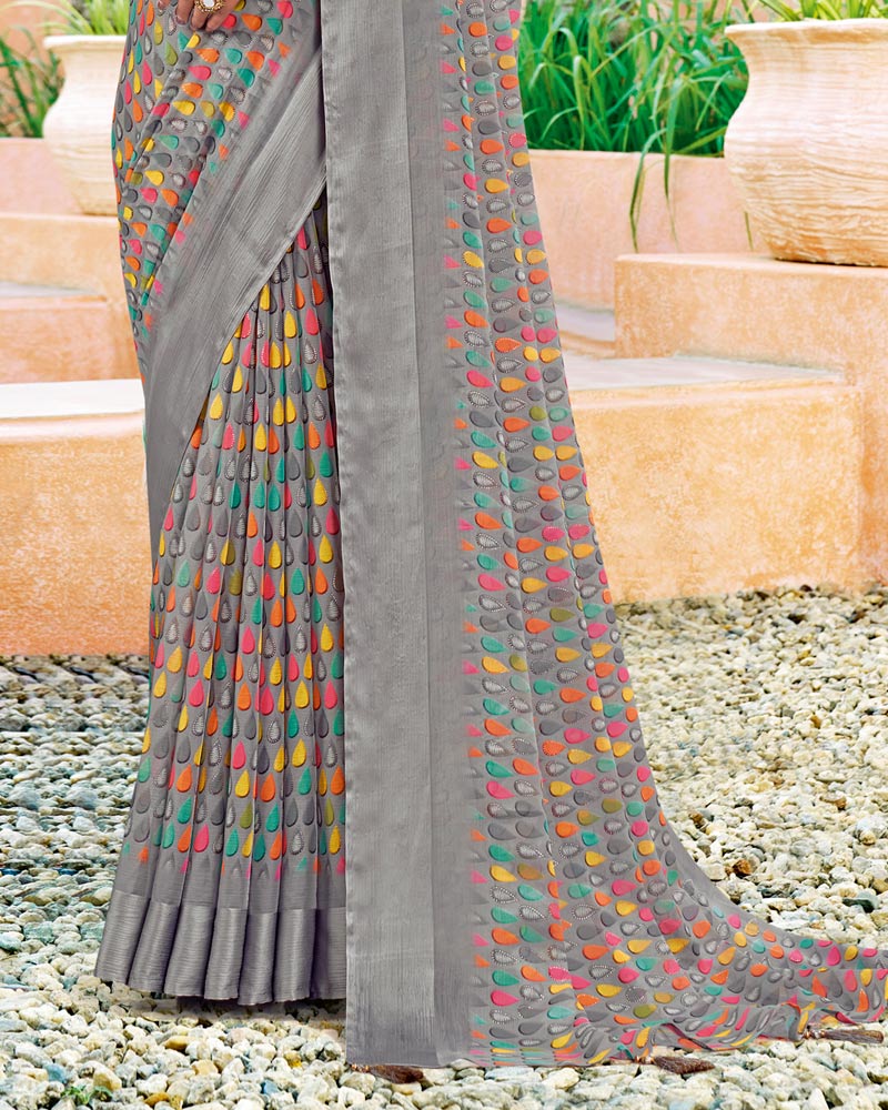 Vishal Prints Grey Digital Print Chiffon Saree With Foil Print And Tassel